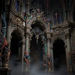 dark baroque neoclassicist cathedral halls ornately decorated with filigree and sci - fi colorful alien organic textures. close - up view, detailed iridescent textures. glowing fog, dark black background. highly detailed fantasy science fiction painting by moebius, norman rockwell, frank frazetta, and syd mead. rich colors, gloomy, high contrast