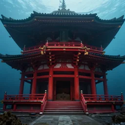A dark red ancient Japanese architectural building under the sea, 8k, very high detailed, cinematic, octane render, intricate