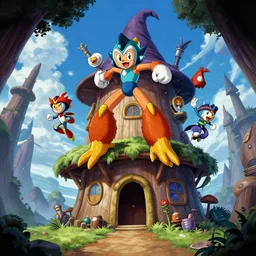 megaman and protoman are jumping off a witch hut with chicken legs, greg rutkowski, zabrocki, karlkka, jayison devadas, trending on artstation, 8 k, ultra wide angle, zenith view, pincushion lens effect
