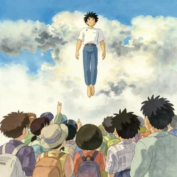 Painting of a man ascending into the heavens as people watch in wonder, by Hayao Miyazaki, watercolour and ink