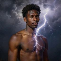 young black man, god of lightning, powerful, smug expression, highly detailed painting by gaston bussiere, craig mullins, j. c. leyendecker 8 k, sparkling storm clouds