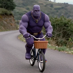 film still of purple thanos as brand riding a very small bicycle with a basket down a steep mountain road in the goonies 1 9 8 5