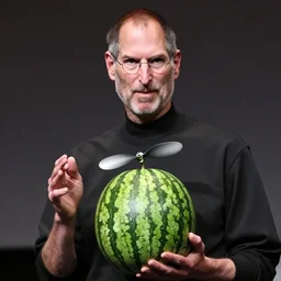 steve jobs presenting a watermelon with a propeller