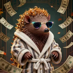 portrait, anthropomorphic armadillo, striped bathrobe, curly hair, electric sunglasses, surrounded by floating autumn dollar bills, fantasy, detailed, intricate, luminescent, elegant, coherent, by mandy jurgens, hannah yata and kay sage, donato giancola, detailed, artstation, cinematic lighting, artdeco, art deco outrun aesthetic