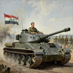 George H.W. Bush rides in a tank leading his army against Iraq, oil on canvas, 1883