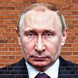putin's face painted on a brick wall