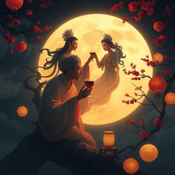 mid - autumn festival, moon, goddess named chang e on the moon, lover hou yi drinking wine on earth, mooncake, surreal, dramatic light, by victo ngai, by james jean, by rossdraws, frank franzzeta, mcbess