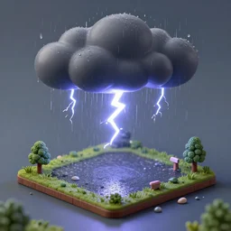 rain diorama, cute raining thunderstorm, lightning, 4k detailed, isometric