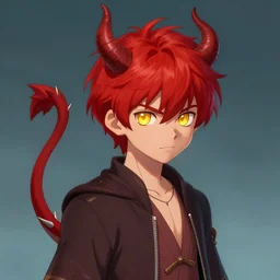 a red haired boy with golden eyes and demon horns and a spiked tail. By Geoffroy Thoorens