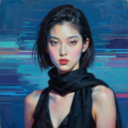photorealism oil painting, portrait of cyborg fashion model with artblock skin, black scarf, ocean glitch background mixed with generative art from artblock, in style of classicism mixed with 8 0 s japanese sci - fi books art