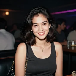 A girl in the Nightclub in Indonesia, smile for cam, 90's professional color photograph.