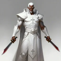 a highly detailed illustration of sadistic white slick backed haired african warrior wearing priest robe with cross on chest, wielding blades made of blood, evil standing smiling pose, muscular, intricate, elegant, highly detailed, centered, digital painting, artstation, concept art, smooth, sharp focus, league of legends concept art, WLOP