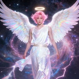 harmony of pink haired angel beautiful yoongi wearing white sparkly shiny greek clothes, muted colors, nebula background, angel halo, rainbow overlay, lightning, neon sparkles everywhere, big wings, dynamic hair movement, + + + + + + dynamic pose, holographic space, glowing effect, j. c leyendecker, by alan lee, wlop! illustrated by starember, fantasy art by craig mullins