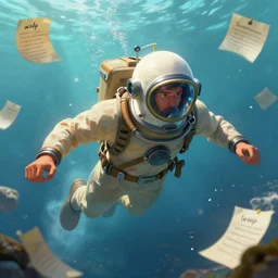 scientific and magical photo of a man flying wearing a diving helmet researcher notes tags digital painting trending on artstation by wlop octane render