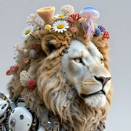 complex 3 d render, hyper detailed, ultrasharp, beautiful biomechanical lion portrait with a porcelain profile face, natural soft rim light, headdress made of sponge corals, daisies, colorful mushrooms, jellyfish, puffballs, white red rhizomorphs, cyberpunk metallic brackets, ferra white mecha, alexander mcqueen, beautiful natural soft illumination, octane highly render, 4 k, ultra hd