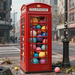 a telephone booth filled with giant colorful balls, a post - apocalyptic city, concept art style
