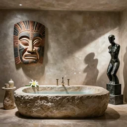 brutalist interior with stone bathtub with polynesian mask and lily. karl blossfeldt, henri moore, salvador dali
