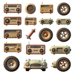 game asset sheet, material study, 2 d sprite, kitschy art deco era designs, car parts including radios and tires by famous surreal artist