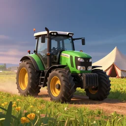 a tractor driving close to my tent on a farmers field, medium shot, waist up, pixar and disney animation, sharp, rendered in unreal engine 5, anime key art by greg rutkowski, bloom, dramatic lighting