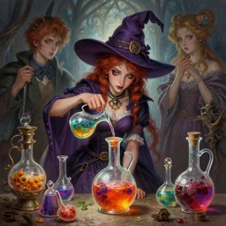 mischievous young witch mixing brightly  potions, Mark Edward Fischbach, intricate, highly detailed, digital painting, artstation, concept art, smooth, sharp focus, illustration, Unreal Engine 5, 8K, art by artgerm and greg rutkowski and alphonse mucha