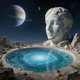Esao Andrews, scifi nightscape, planets, hyperrealistic surrealism, award winning masterpiece with incredible details, epic stunning, infinity concentric pool, a surreal vaporwave liminal space, highly detailed, trending on ArtStation, artgerm and greg rutkowski and alphonse mucha, daily deviation, IAMAG, broken giant vaporwave marble head statue ruins, calming, meditative