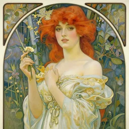 a beautiful red haired woman in a garden, beautiful painting by irakli nadar and alphonse mucha