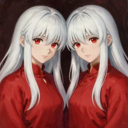 Epic rococo painting of two young identical twins, with white skin, long white hair and red eyes. Wearing red clothes. Middle age. Shin megami tensei style, ultra-detailed. Anime, pixiv, UHD 8K CryEngine, octane render
