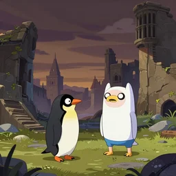 BMO playing with a penguin an the old city ruins, in the style of Adventure Time, Cartoon, by Pendleton Ward, Artstation,