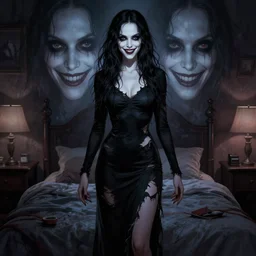 in the style of phil noto, gorgeous alyson hannigan, evil dead movie, full body shot, torn black dress, evil smile, spooky, illustration, symmetrical face realistic symmetrical eyes, bedroom setting, charlie bowater, artgerm, cinematic lighting, evil dead, undead demon, hyperdetailed