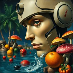 a baroque close - up portrait painting of a robot person. water, colorful fruit, tropical palm trees, and mushrooms. surrealism. night background. highly detailed science - fiction fantasy painting by norman rockwell, moebius, frank frazetta, syd mead, and stanislaw fernandes. rich colors, high contrast. renaissance masterpiece. artstation