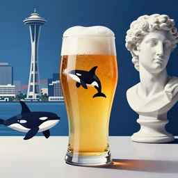 a beautiful and immaculate balanced vaporwave ombre rendering depicting pint glass of beer, an orca, seattle, a marble bust of a greek goddess, and the outrun style space needle. trending on artstation. recommended for you behance. double exposure. by beeple.