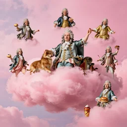 heaven on pink clouds adopts the language of Rococo, reimagining the dynamism of works by eighteenth-century artists such as Giovanni Battista Tiepolo, François Boucher, Nicolas Lancret and Jean-Antoine Watteau through a filter of contemporary cultural references including film, food and consumerism