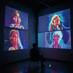 room with overlaping screens projecting art, pixel perfect image, high contrast, volumetric lighting, tiny neon light, chair, user, pair of keys