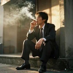 business man smoking cigar sitting on the front stoop mist smoke, rays of light, golden hour, low angle,, beautiful by marc adamus and katayama bokuyo