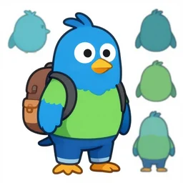 cartoon of a blue bird waering a backpack and a green shirts, blue pants, character cartoon sheet