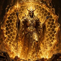 undead lich sacrifice to baal, d & d, molten gold, honeycomb structure, lattice, intricate detail, high precision, glowing light, whealan, royo,