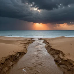 muddy river leads to pearlescent sea by hiroshi yoshida, marc simonetti, roger deakins, turner, rothko, hyperrealism, cinematic, dramatic storm desert sunset, matte painting, fluid simulation, tonalism, volumetric light, timelapse, trending on artstation, cgsociety, high detail concept art, top view, rendered in octane