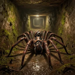 destroyed mechanical robot spider in a large dimly lit wet sewer, mossy walls, long corridor, wide angle shot, ultra detailed, fine drawing, grunge, eldritch horror, hyper real, 4 k, moody lighting, warm colors, shaded