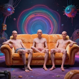 psychedelic trippy couch in space, gotta see it to believe it, can't believe my eyes, bald people on couch, hairless couch, couch with no hair, couch with bald people on it, hairless people, couch for hair