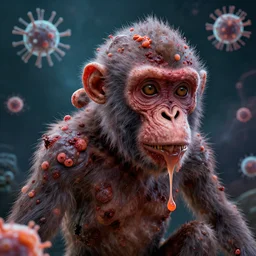 measles on a deformed hideous pustule covered monkey, sores, bumps, skin wounds, surface hives, growths, horror, fantasy, highly detailed, by Dan Hillier, ooze, slime, in background nebula of bacteriophages