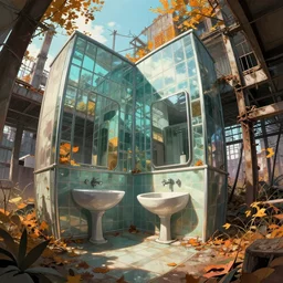 a beautiful photorealistic render of unfinished building abandoned bathroom city urbex architecture building industrial architecture by frank lloyd wright, anime landscape retro otherworldly lightpaint at fall fisheye made of glass, archdaily, wallpaper, highly detailed, trending on artstation.