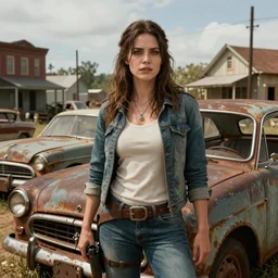 fallout 5, charismatic brunette female protagonist, portrait, outdoors scene, somewhere in a low density rural town, retro rusted cars, atmospheric lighting, painted, intricate, volumetric lighting, beautiful, daytime, sunny weather, slight overcast, sharp focus, deep colours, ultra detailed, by leesha hannigan, ross tran, thierry doizon, kai carpenter, ignacio fernandez rios