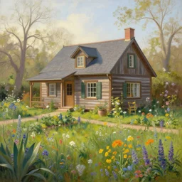 a cottage house with garden permaculture, perfect spring day with, colorful wildflowers, painting by albert bierstadt, early morning light