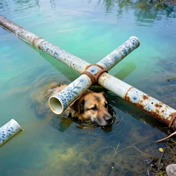 a dog buried in oil and crossed by delicate porcelain rusty pipes in a glowing iridiscent lake, leica, 2 4 mm