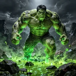 glowing green rocks, toxic sludge, like where the hulk would live, landscape, comic book art style