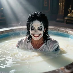michael jackson with a creepy smile, bathing in a pool of milk