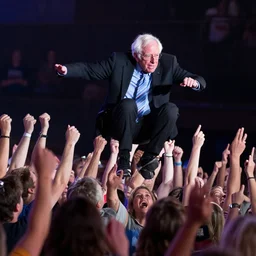 publicity photo still of bernie sanders crowd surfing live on stage, 8 k, live concert lighting, mid shot