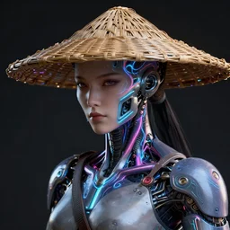 ultra realistic cyborg samurai wearing a straw hat has neon veins, unreal engine 5, octane, smooth, rtx, ray tracing, hyper detailed, hyper realism, fantasy