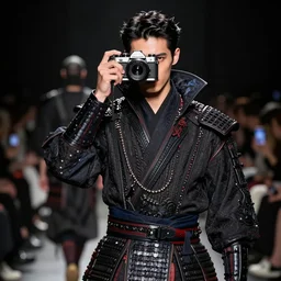 modern high fashion clothing designer inspired by vampires and samurai runway photo canon - ae 1 3 5 mm film camera male model highly detailed intricate