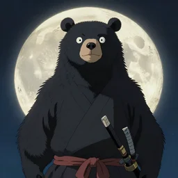 anthropomorphic, half man half asian black bear, black bear samurai, Moon Bear Samurai, epic, samurai, in the style of Studio Ghibli, Hayao Miyazak